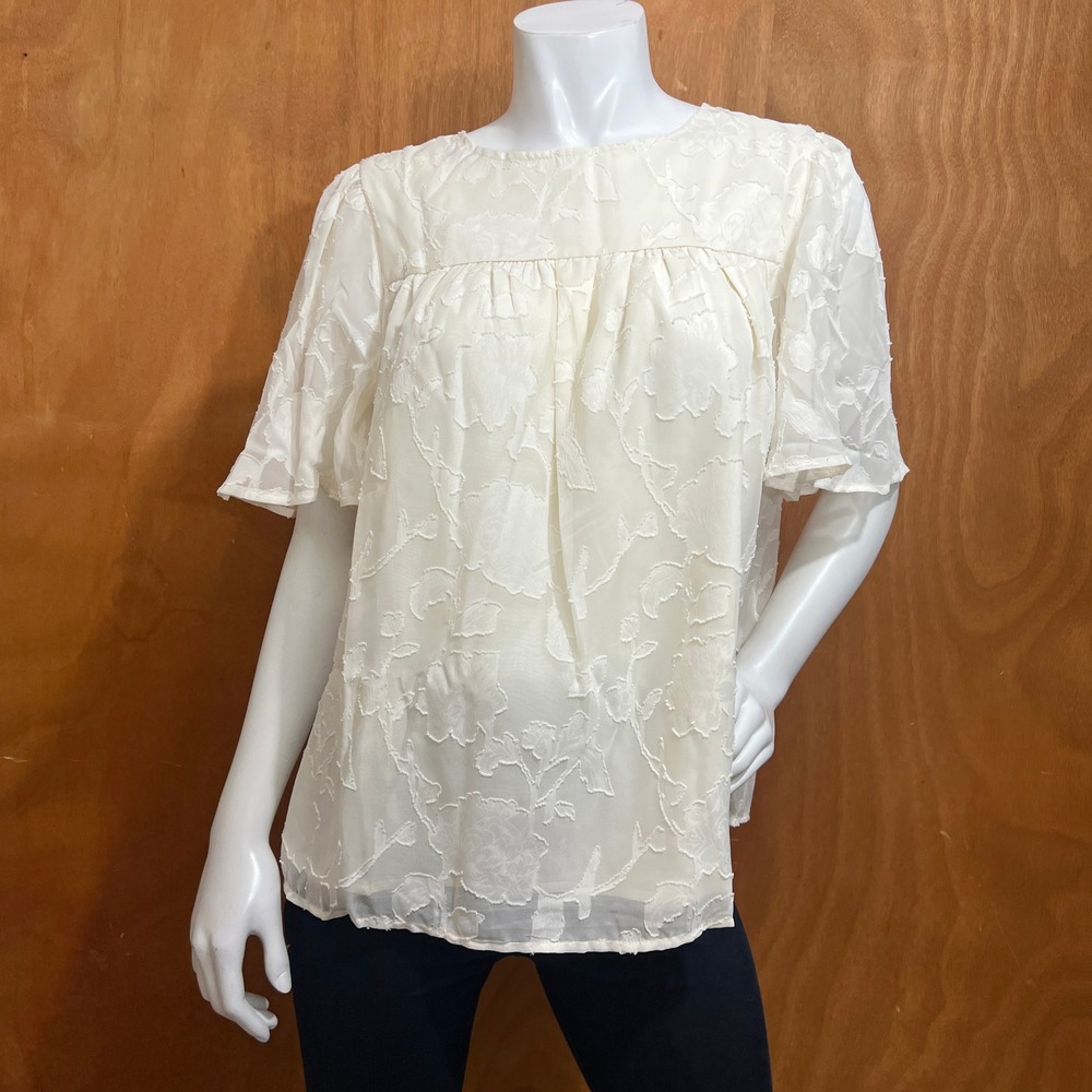 Cream Floral Jacquard Babydoll Blouse Women Small Ivory Sheer Flutter Sleeve Top